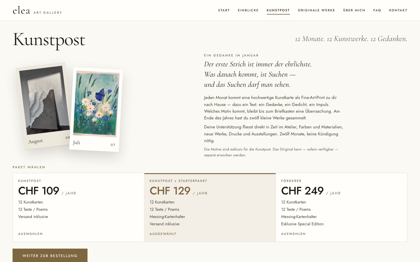 Startseite der Website für elea art.gallery, Desktop-Ansicht